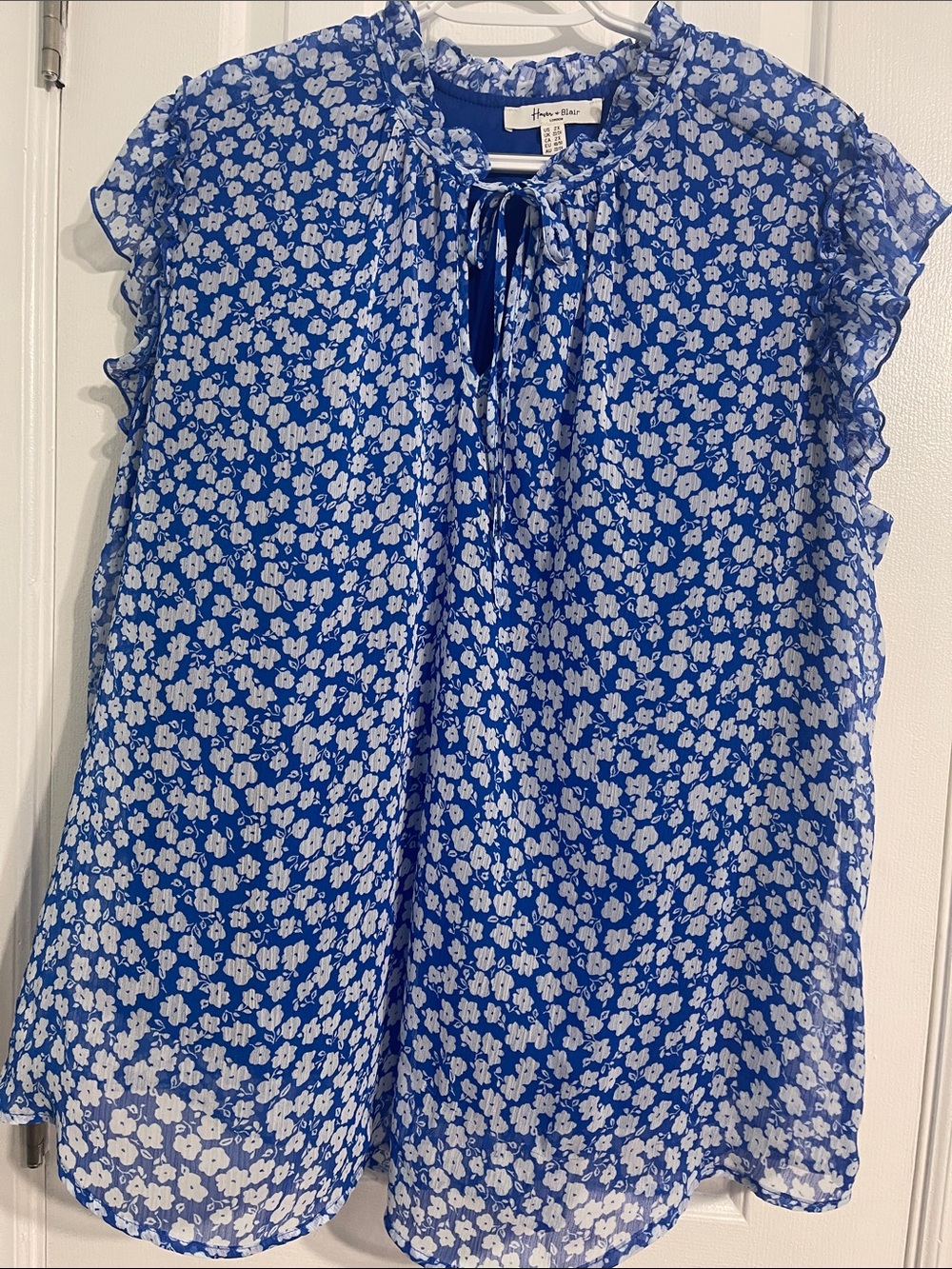 Blue Floral Ruffle Tie-Neck Blouse